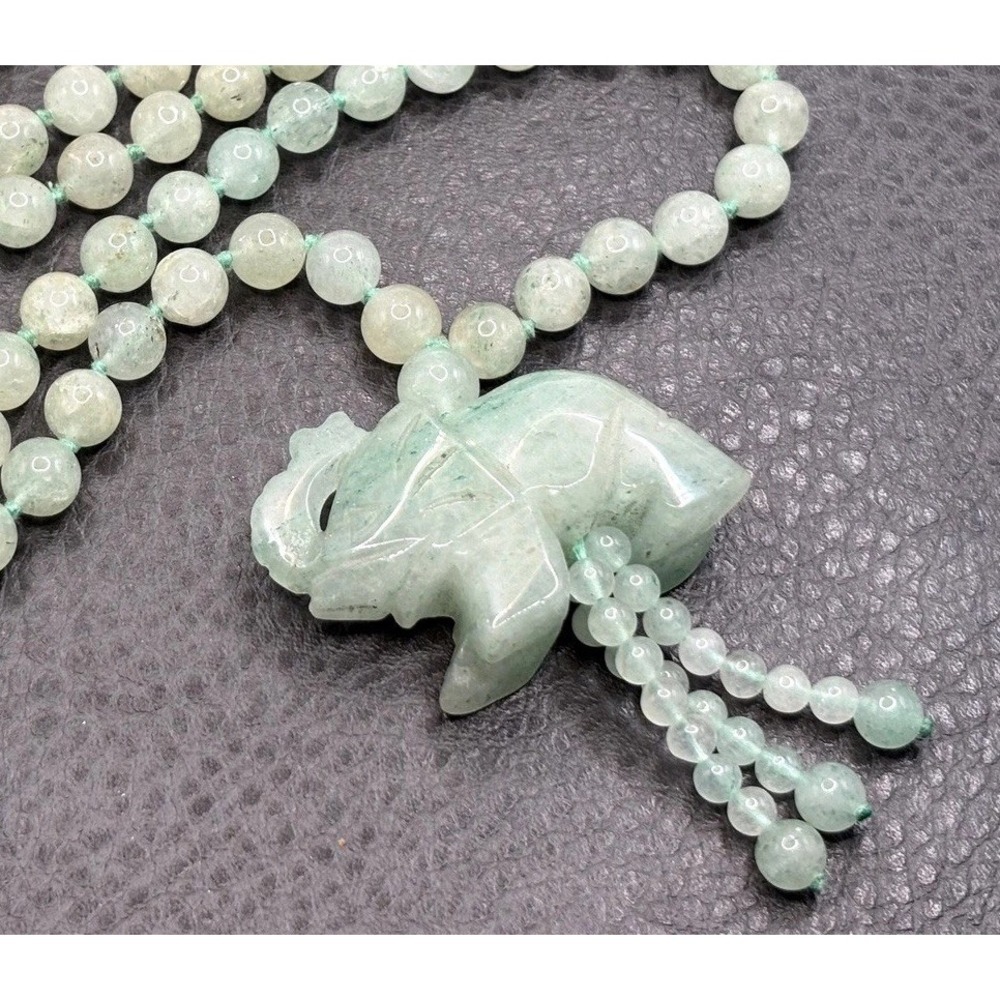 Vintage Chinese Carved Elephant Green Jade Beaded Tassel Good Luck Necklace 28"
